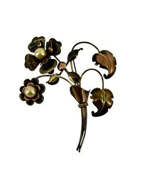 Harry Iskin Brooch 2 Tone Pin 3 Inch 1/20 12k Gold Filled GF Pearl Flower Vtg